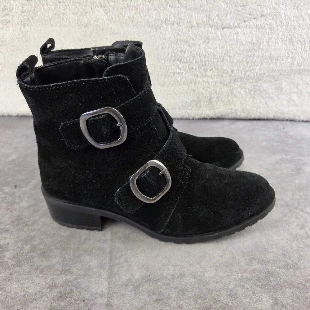 Anne Klein Iflex Black Suede Moto Ankle Boots Double Buckle Lug Sole Women 9M